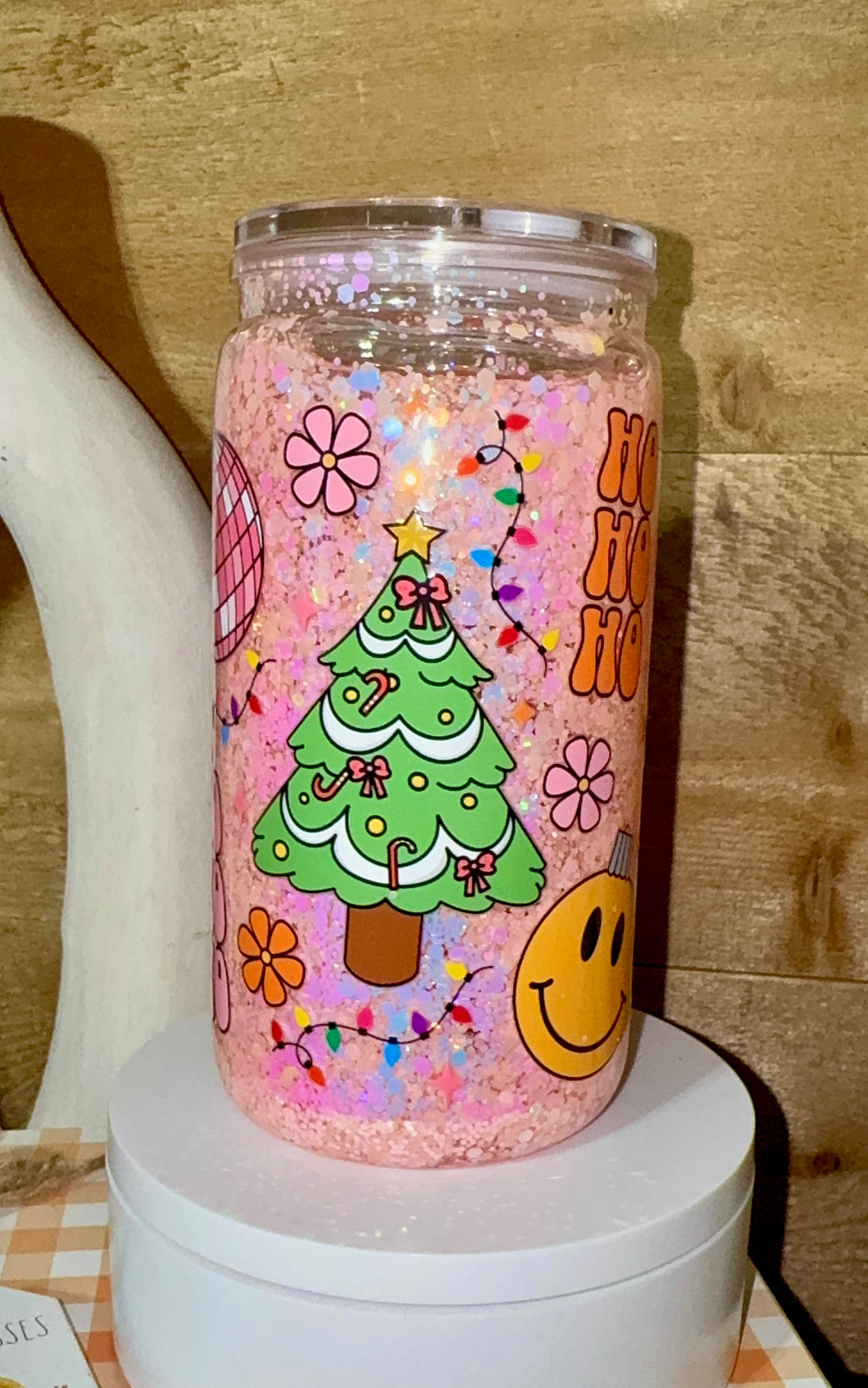 Pink Retro Holiday Glitter Cup | Groovy Christmas Glass Can | Snowglobe Flow Tumbler | Cute Merry Retro Cup