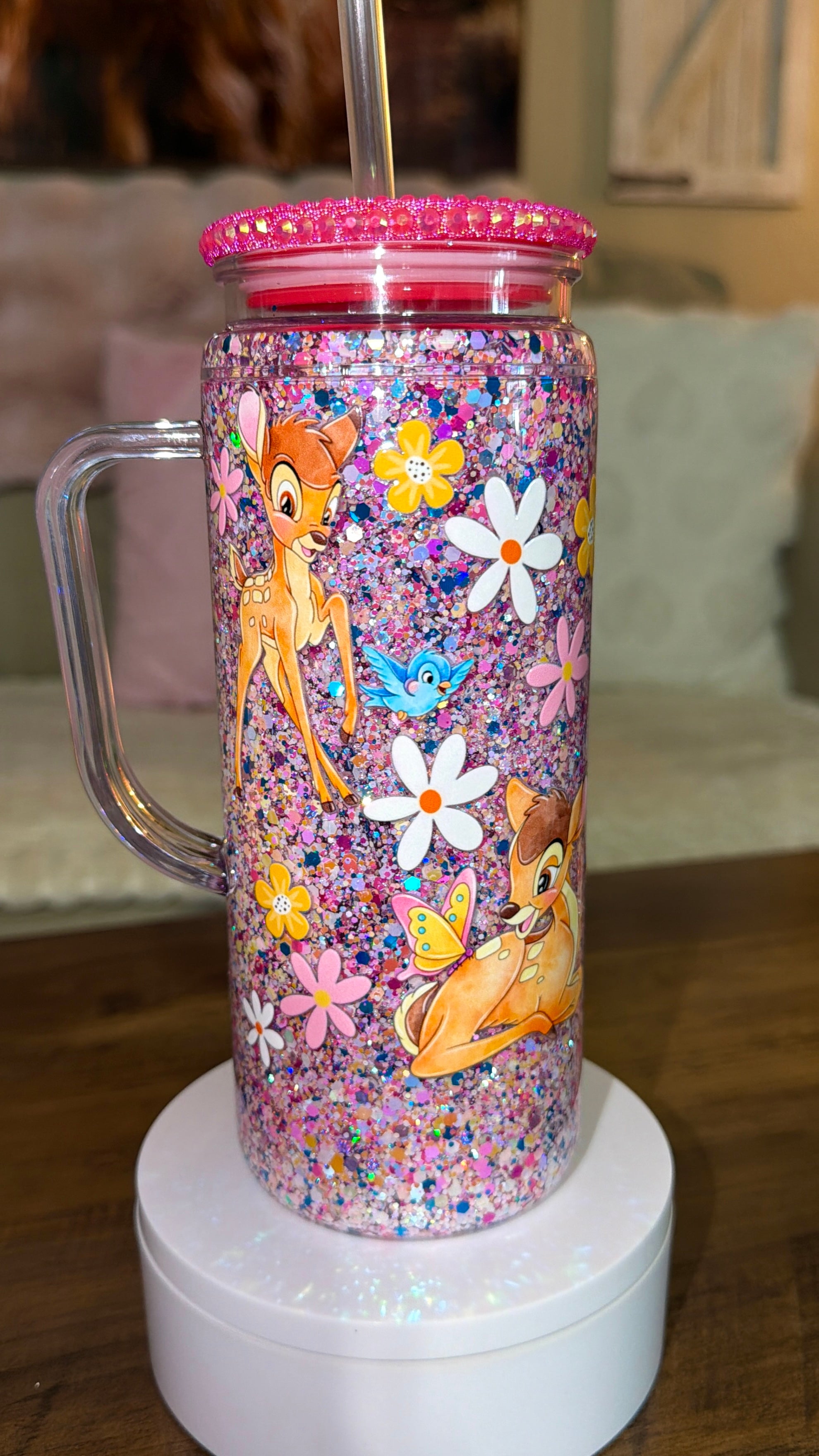 Woodland Character Inspired Pink Glitter Snowglobe cup