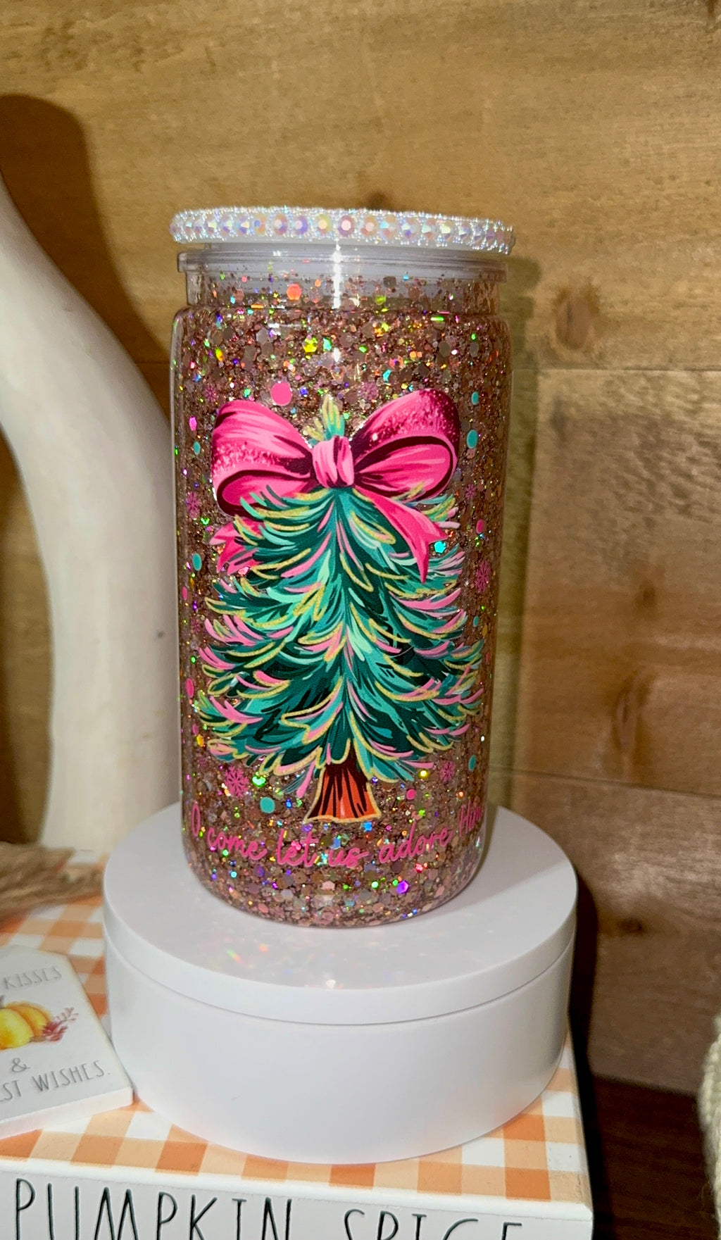 Pink Bow Christmas Tree Snow Globe Tumbler | Rose Gold Glitter Holiday Cup | Festive Winter Snowglobe cup | Gift for Christmas Lovers