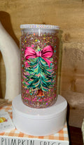 Pink Bow Christmas Tree Snow Globe Tumbler | Rose Gold Glitter Holiday Cup | Festive Winter Snowglobe cup | Gift for Christmas Lovers