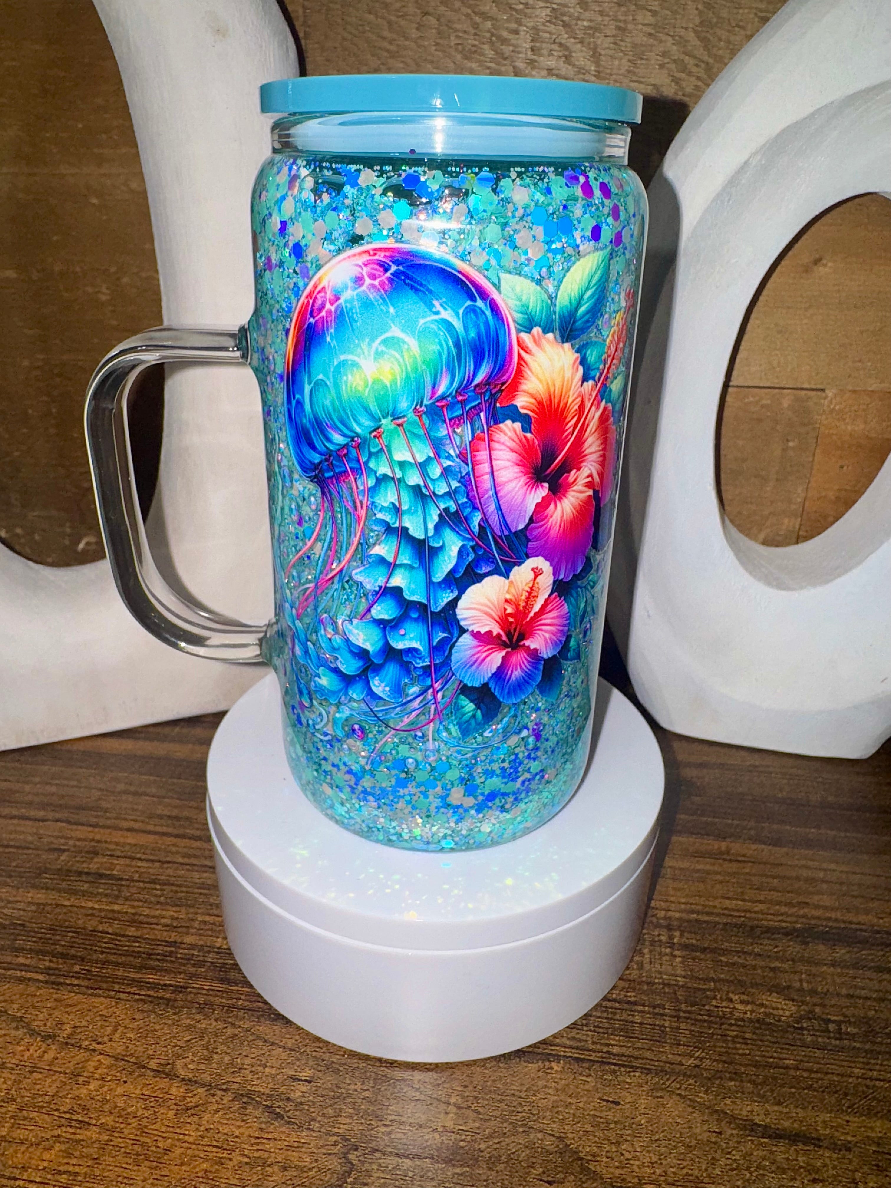16oz glass Ocean Jellyfish Snow Globe Tumbler – Teal Blue Glitter Floral Glass Mug with Handle