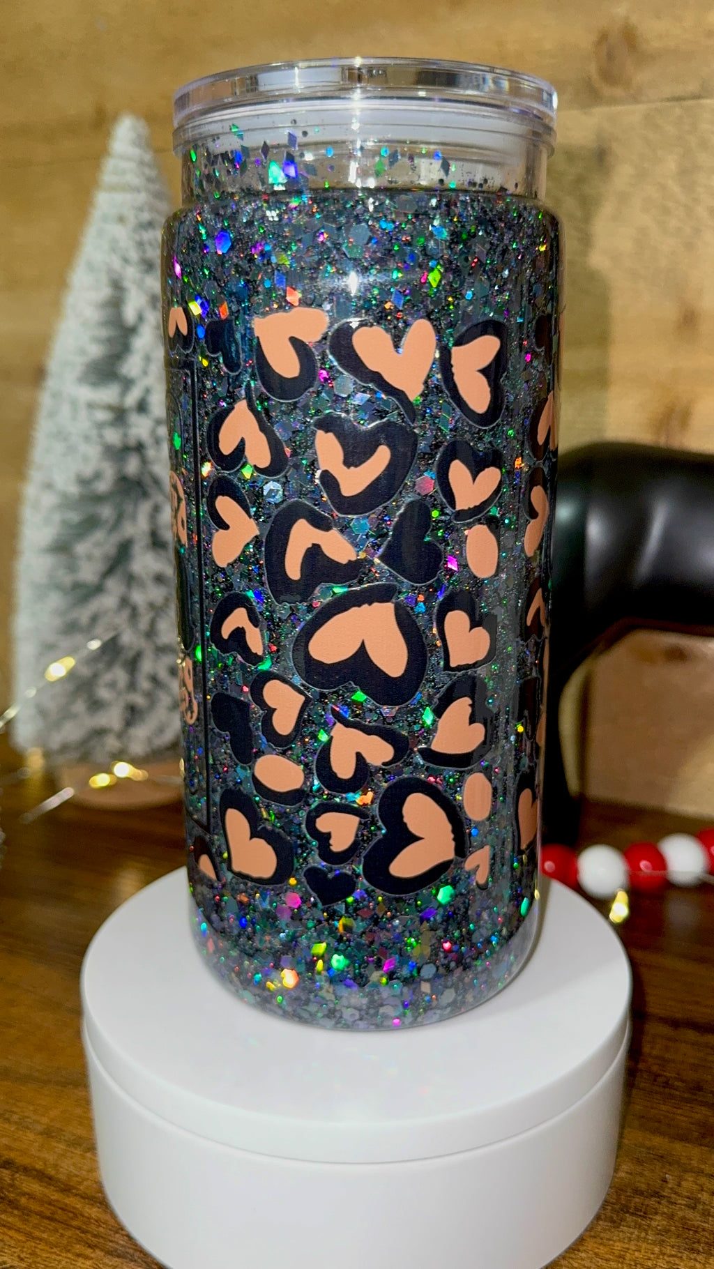 Black Glitter “Mama” Snowglobe Cup – 20oz Holographic Leopard Heart Tumbler