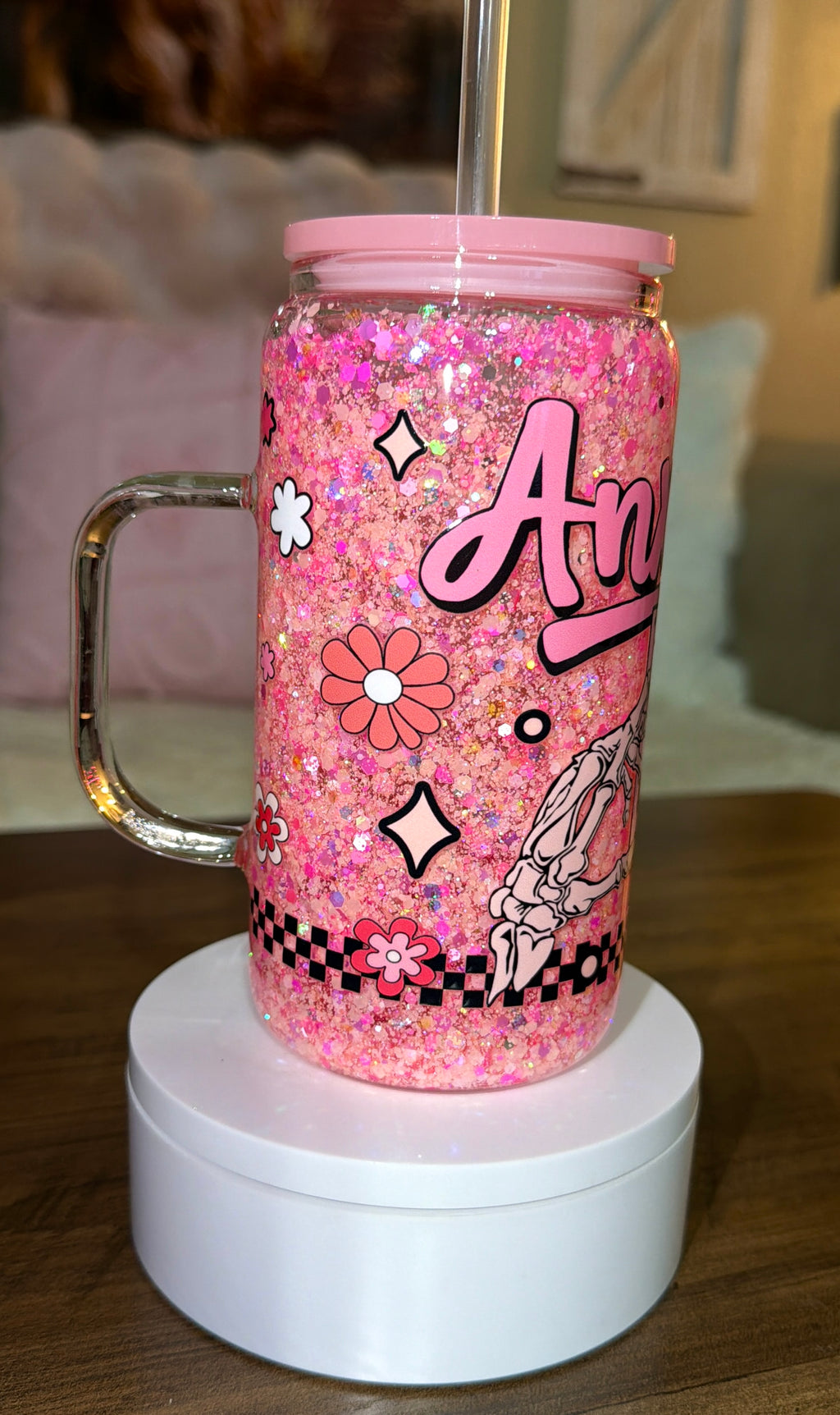 Glass 16oz Anxiety On/Off Switch Snow Globe Tumbler – Pink Glitter Mental Health Awareness Cup
