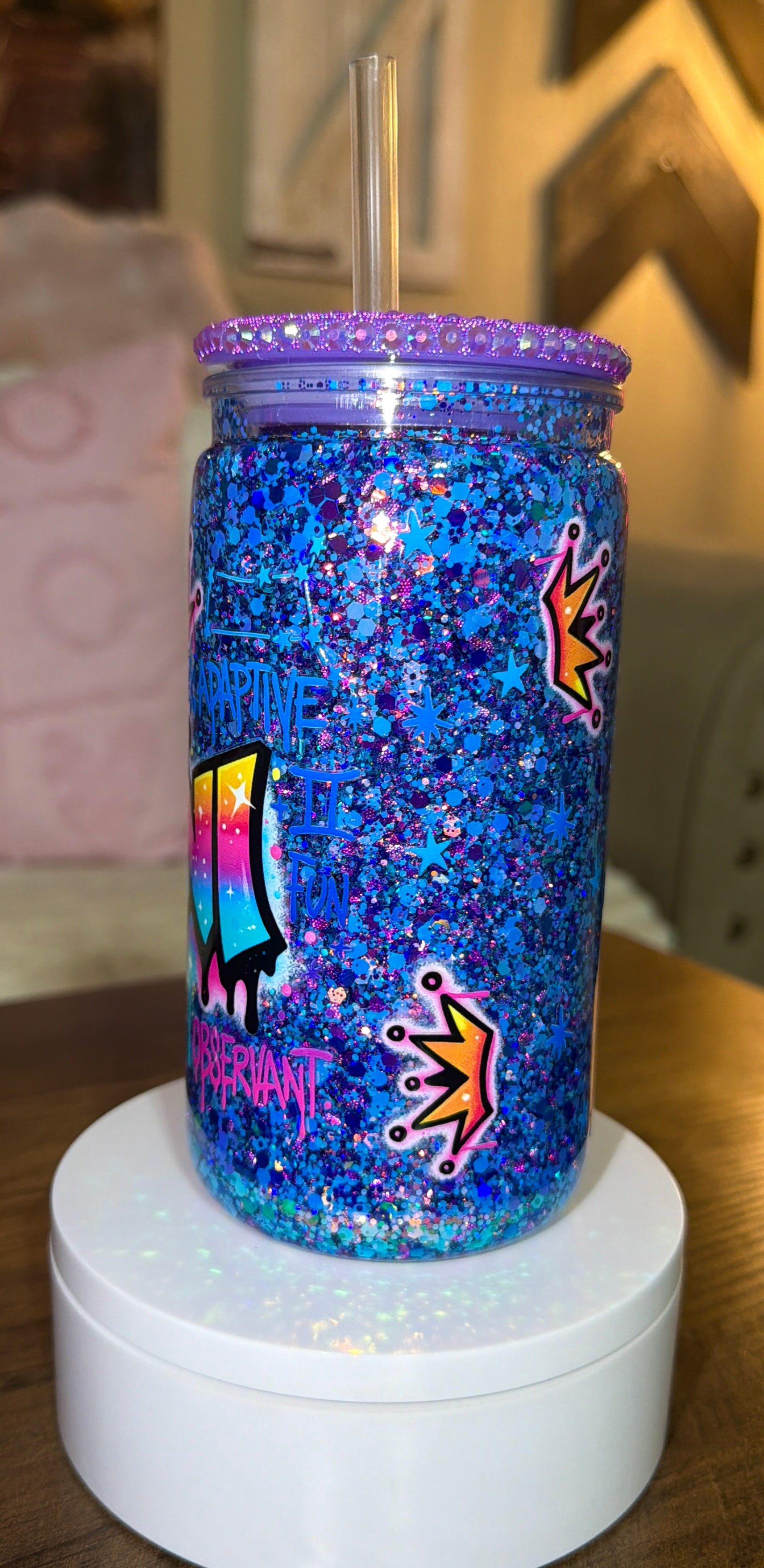 Gemini-Inspired Glitter Tumbler – Rainbow Drip Design with Bling Lid
