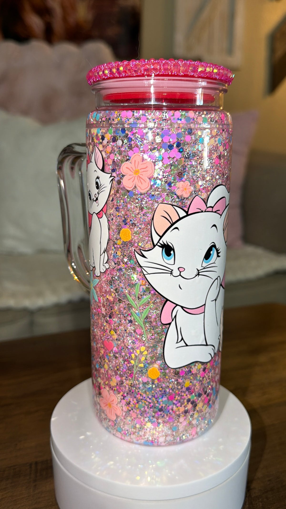 Pink Sparkly White Kitten Snowglobe Cup