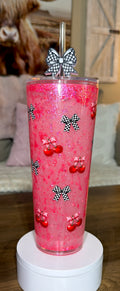 Cherry Bow Waterfall Glitter Tumbler 🍒✨