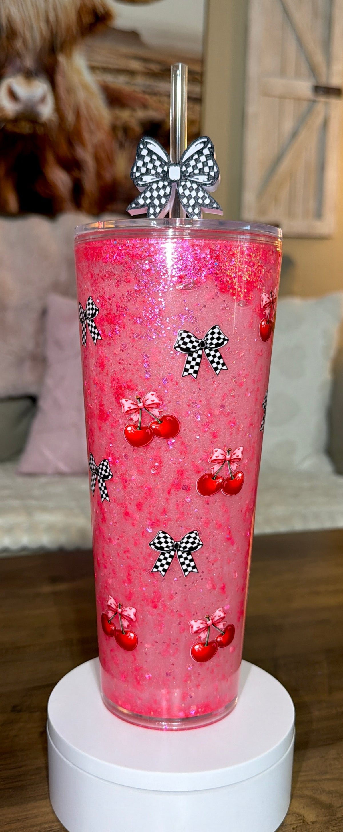 Cherry Bow Waterfall Glitter Tumbler 🍒✨