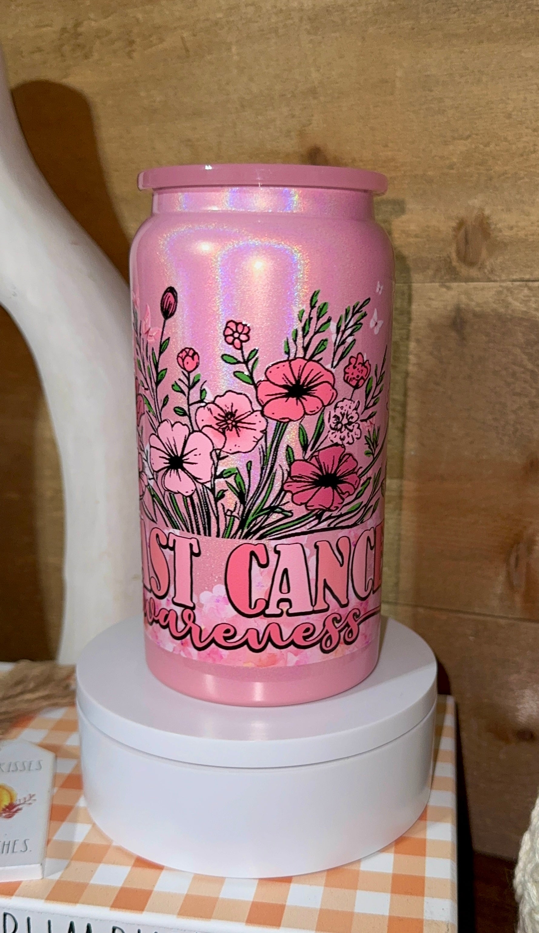 Pink Cancer Awareness Glitter Tumbler | Survivor Strength Courage Hope Cup | Breast Cancer Support Gift