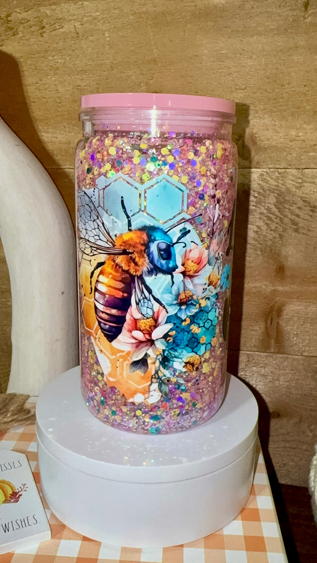 Pastel Bee Floral Glitter Snowglobe Cup