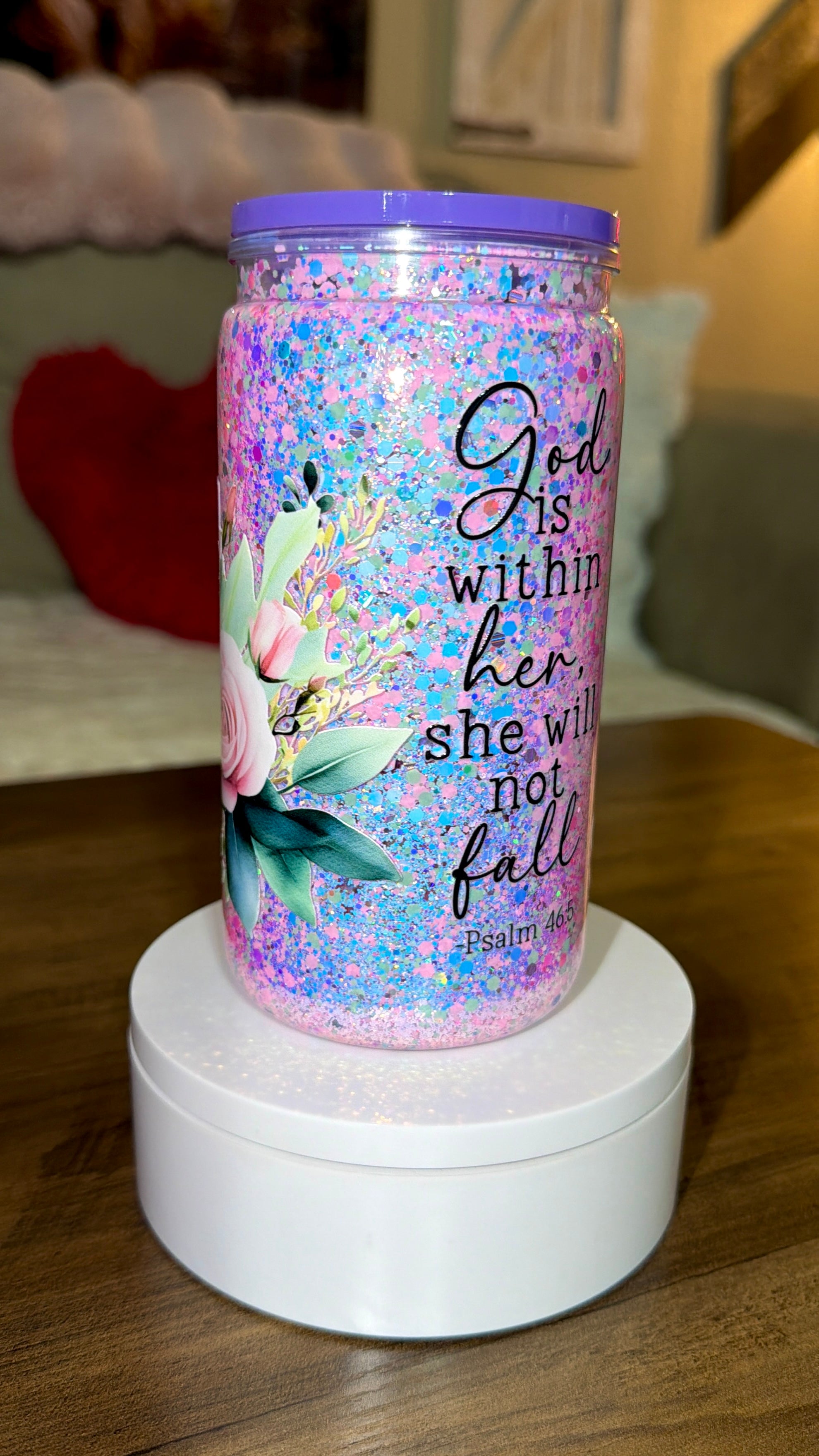 “God Is Within Her” Dry Snow Globe Glitter Tumbler – Psalm 46:5 Floral Acrylic Cup
