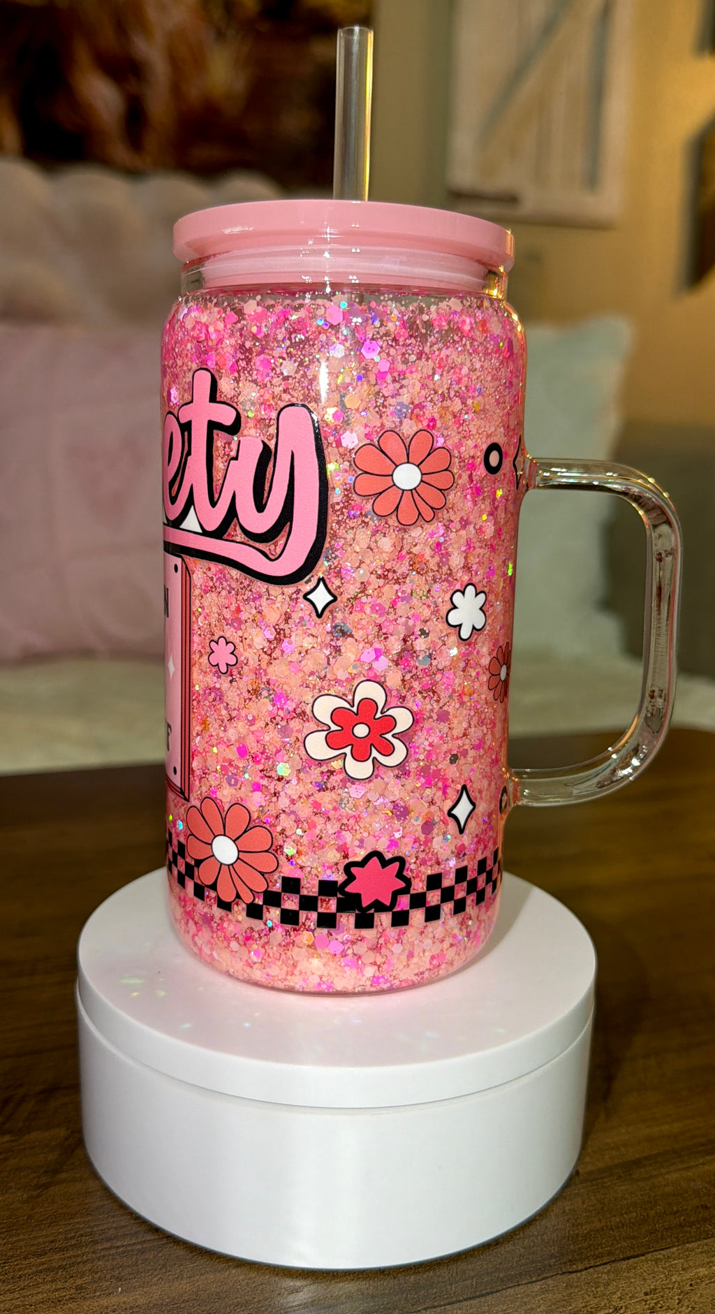 Glass 16oz Anxiety On/Off Switch Snow Globe Tumbler – Pink Glitter Mental Health Awareness Cup