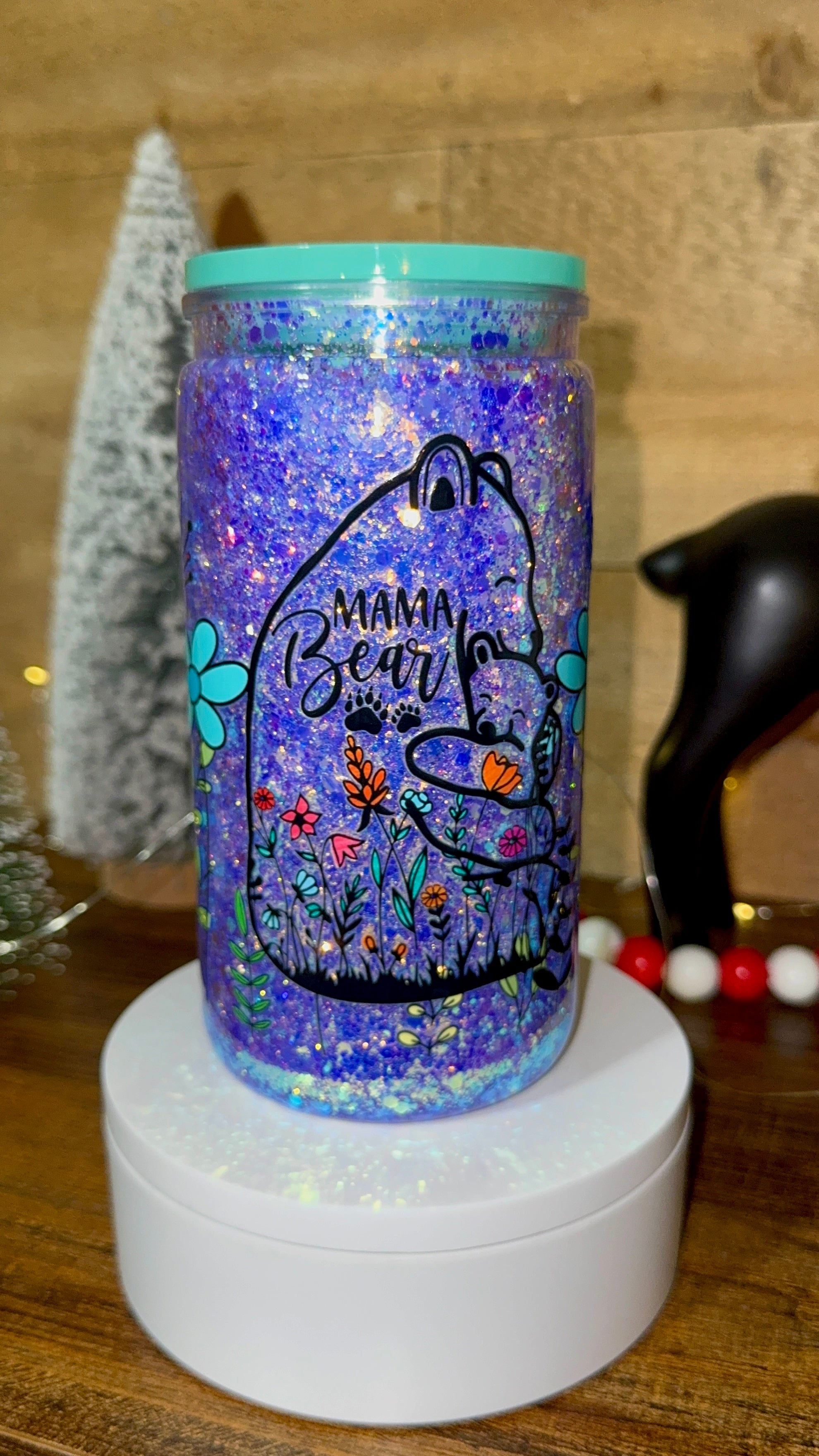 Mama Bear Snowglobe Cup – 16oz Purple Glitter Tumbler | Floral Mom & Baby Bear