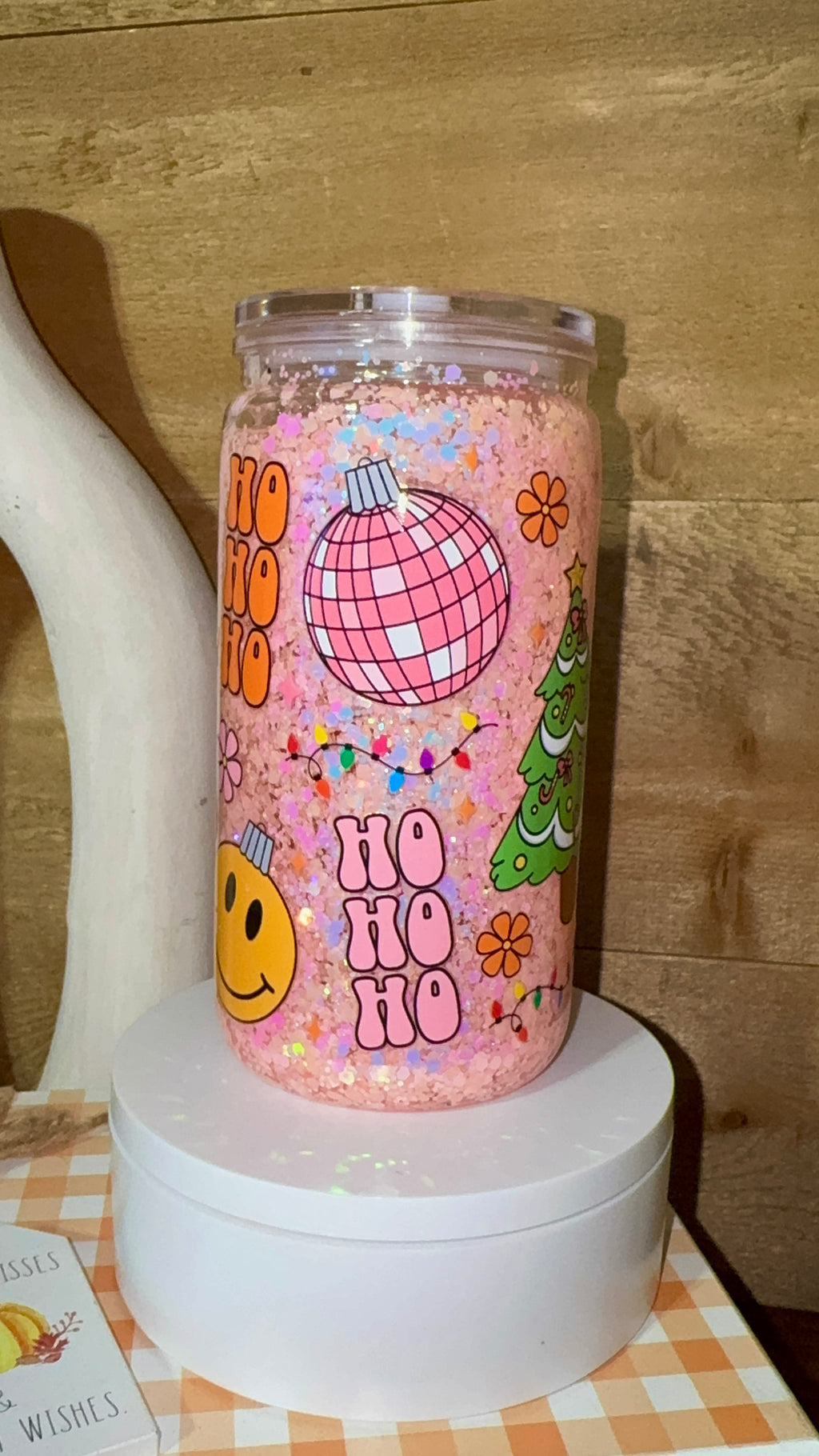 Pink Retro Holiday Glitter Cup | Groovy Christmas Glass Can | Snowglobe Flow Tumbler | Cute Merry Retro Cup