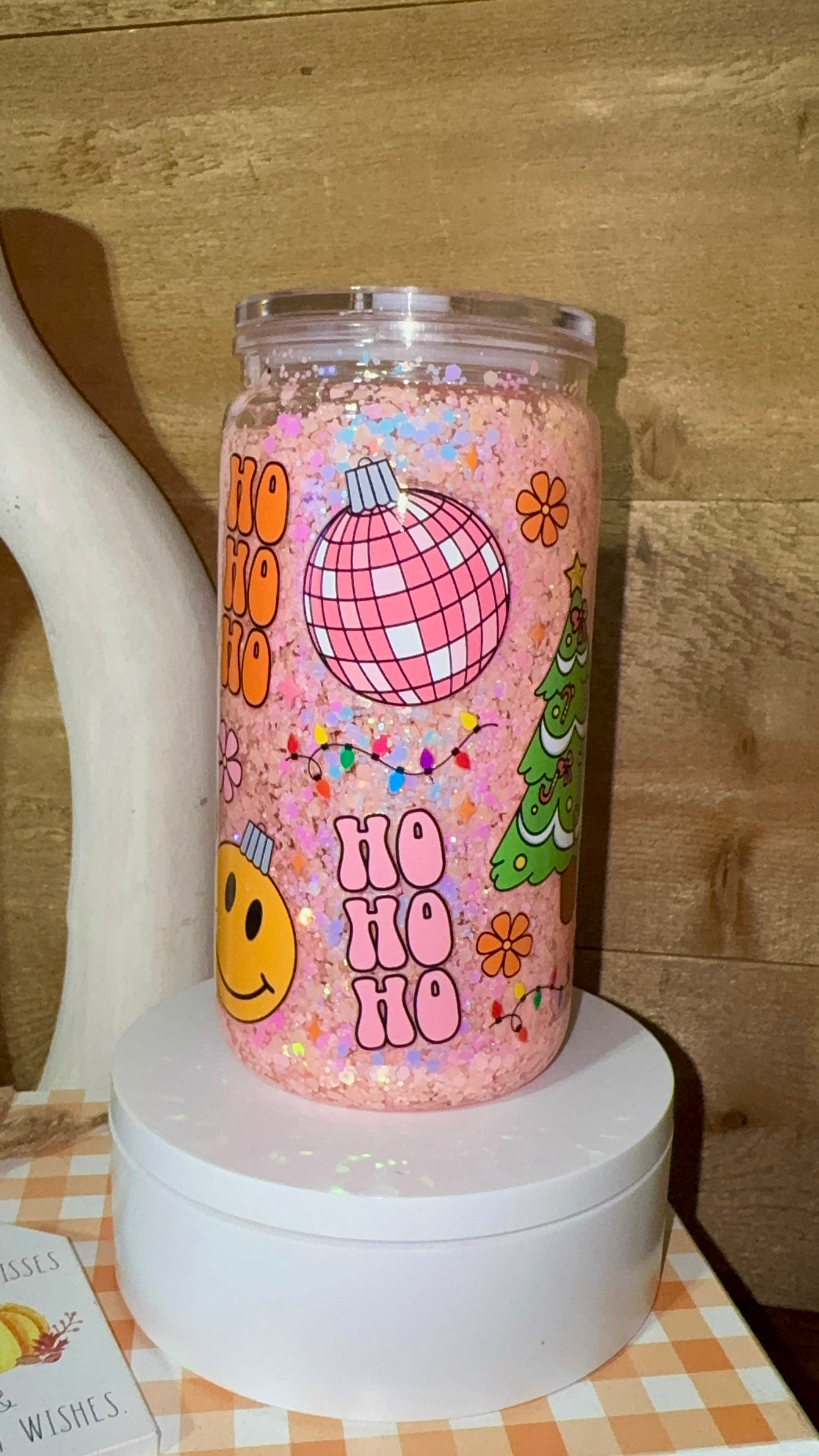 Pink Retro Holiday Glitter Cup | Groovy Christmas Glass Can | Snowglobe Flow Tumbler | Cute Merry Retro Cup