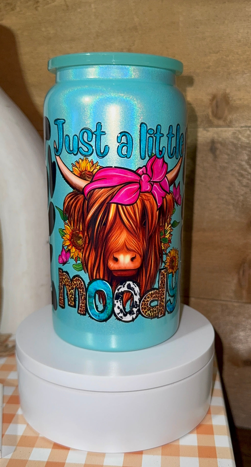“Just a Little Moody” Highland Cow Tumbler | Teal Cow Print Skinny Cup | Western Cowgirl Glitter Tumbler | Funny Gift for Her