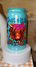 “Just a Little Moody” Highland Cow Tumbler | Teal Cow Print Skinny Cup | Western Cowgirl Glitter Tumbler | Funny Gift for Her