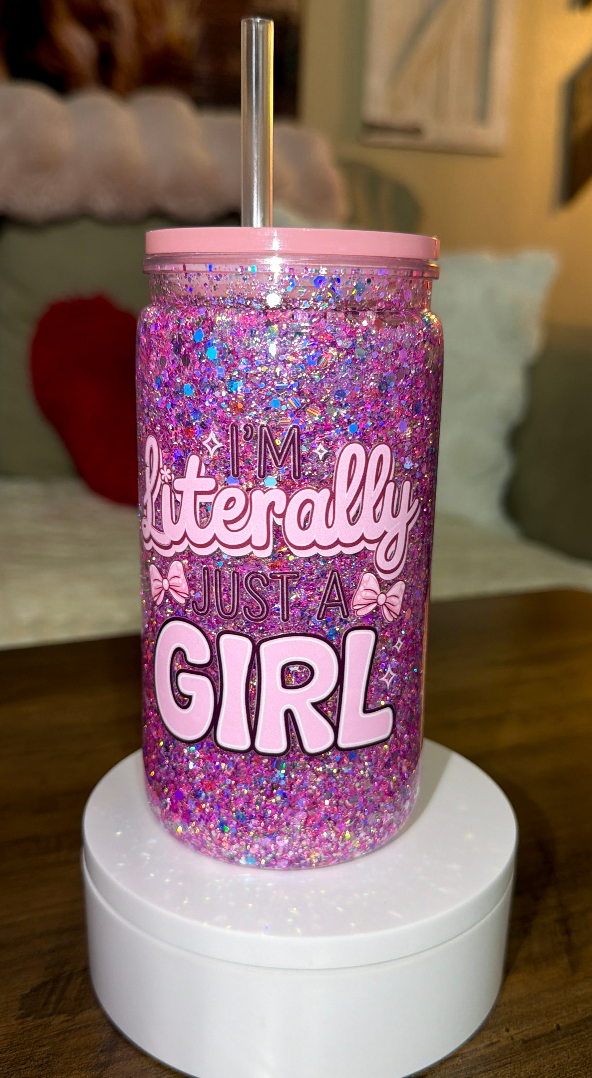 I’m Literally Just a Girl” Pink Glitter Acrylic Tumbler