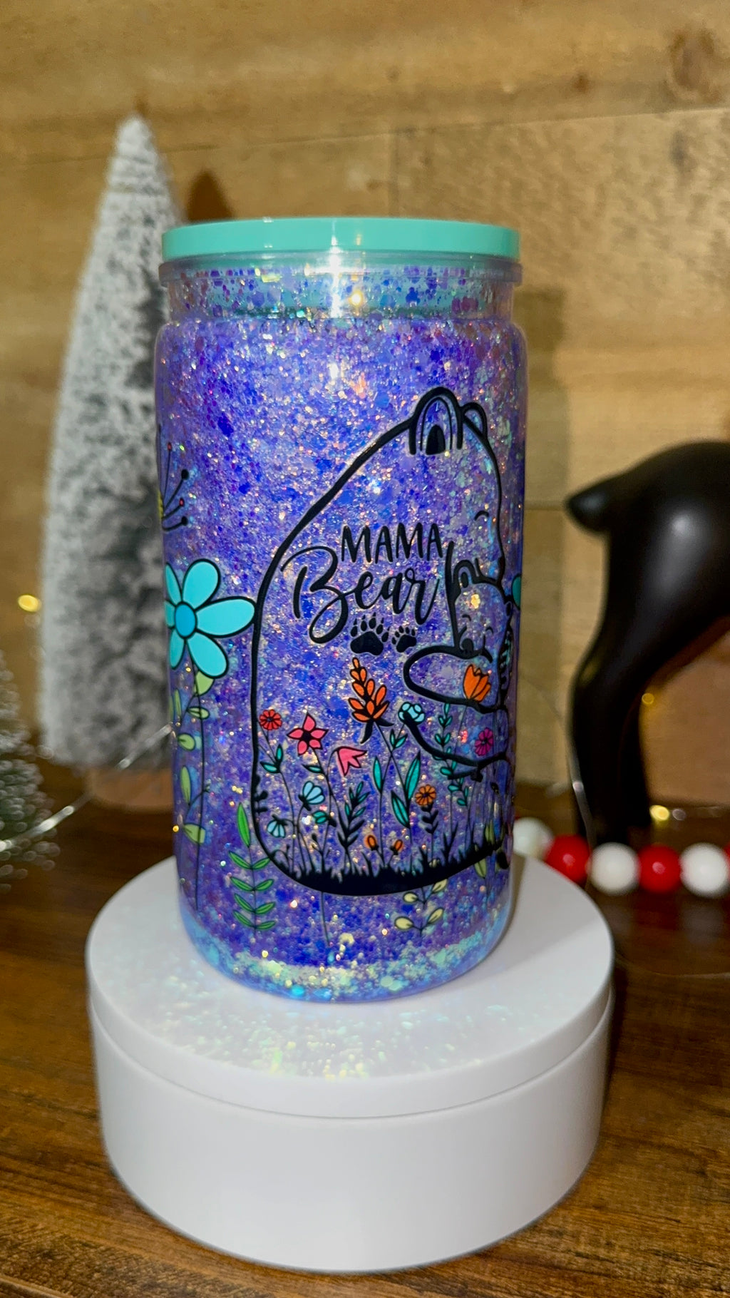 Mama Bear Snowglobe Cup – 16oz Purple Glitter Tumbler | Floral Mom & Baby Bear