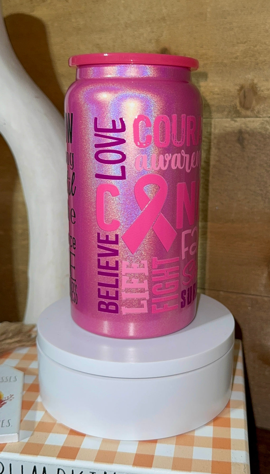 Pink Breast Cancer Awareness Tumbler – Survivor Strength Ribbon Cup – Inspirational Support Gift