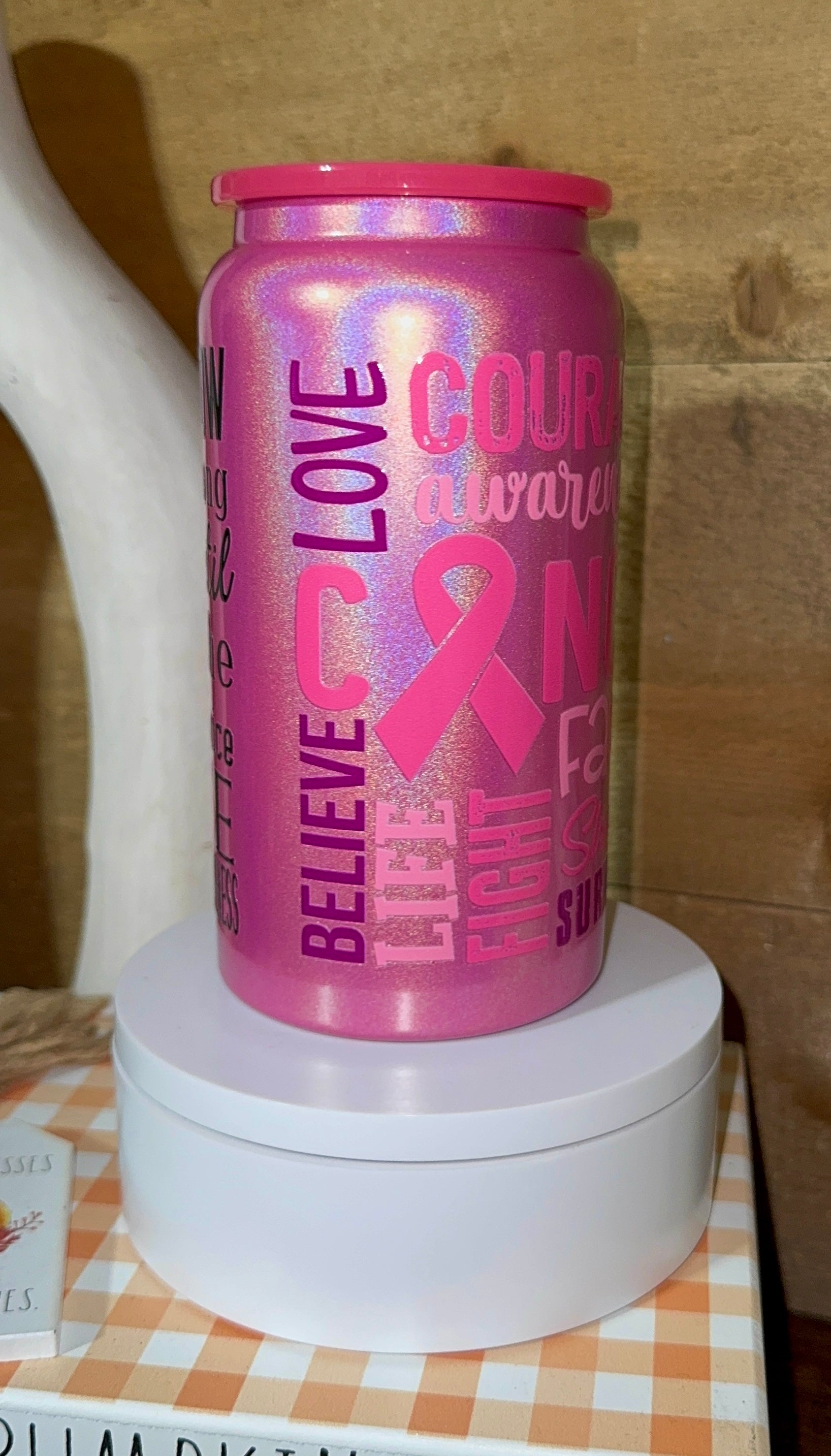Pink Breast Cancer Awareness Tumbler – Survivor Strength Ribbon Cup – Inspirational Support Gift