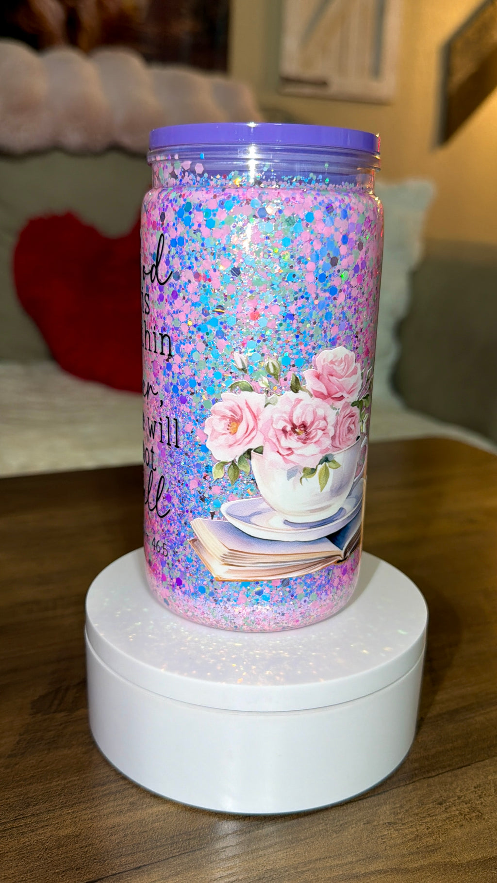 “God Is Within Her” Dry Snow Globe Glitter Tumbler – Psalm 46:5 Floral Acrylic Cup