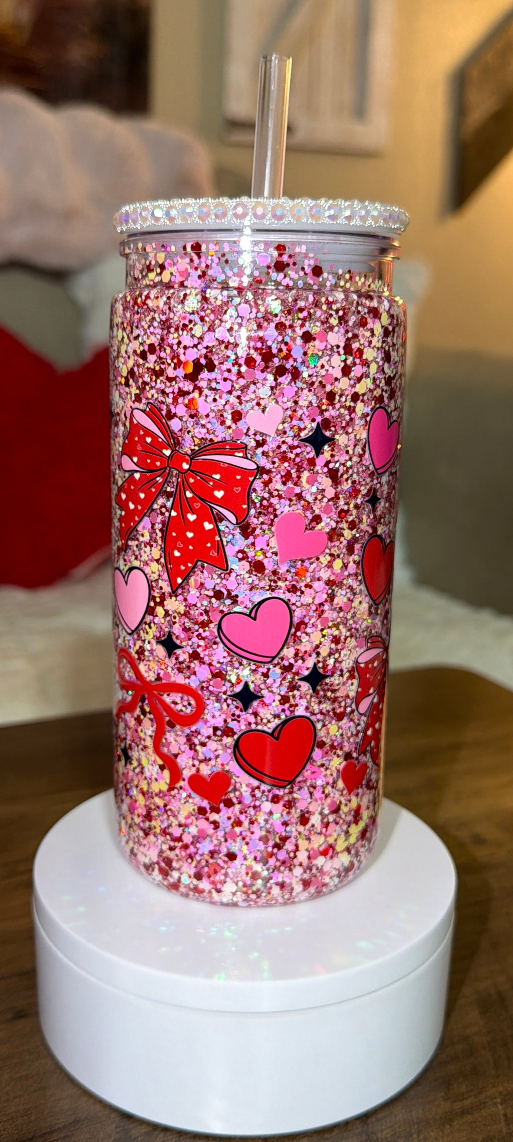 Sweetheart Bow Glitter Snowglobe Tumbler