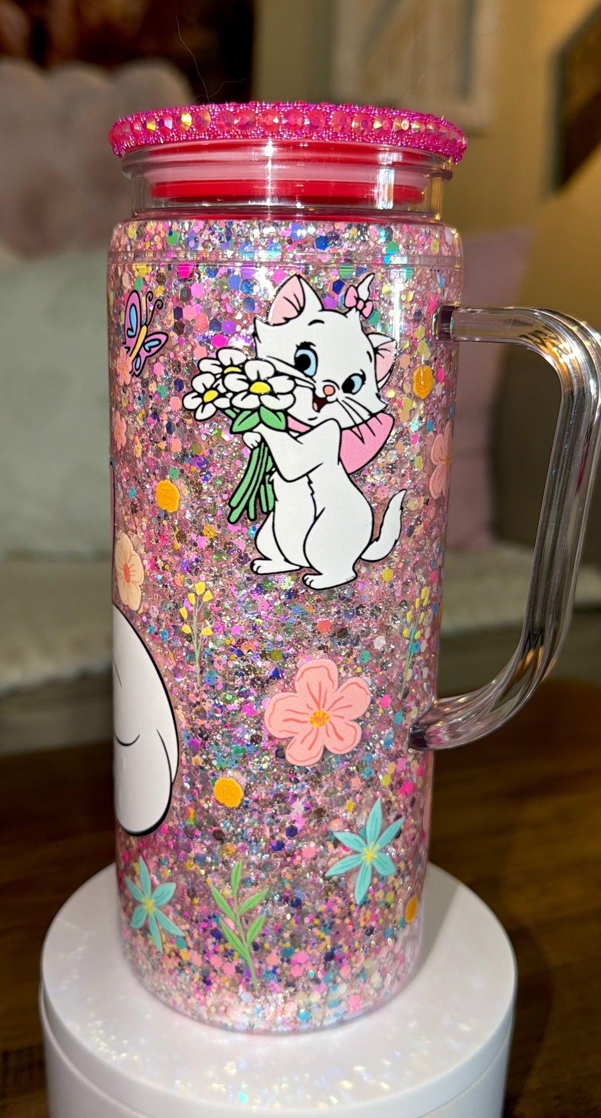 Pink Sparkly White Kitten Snowglobe Cup