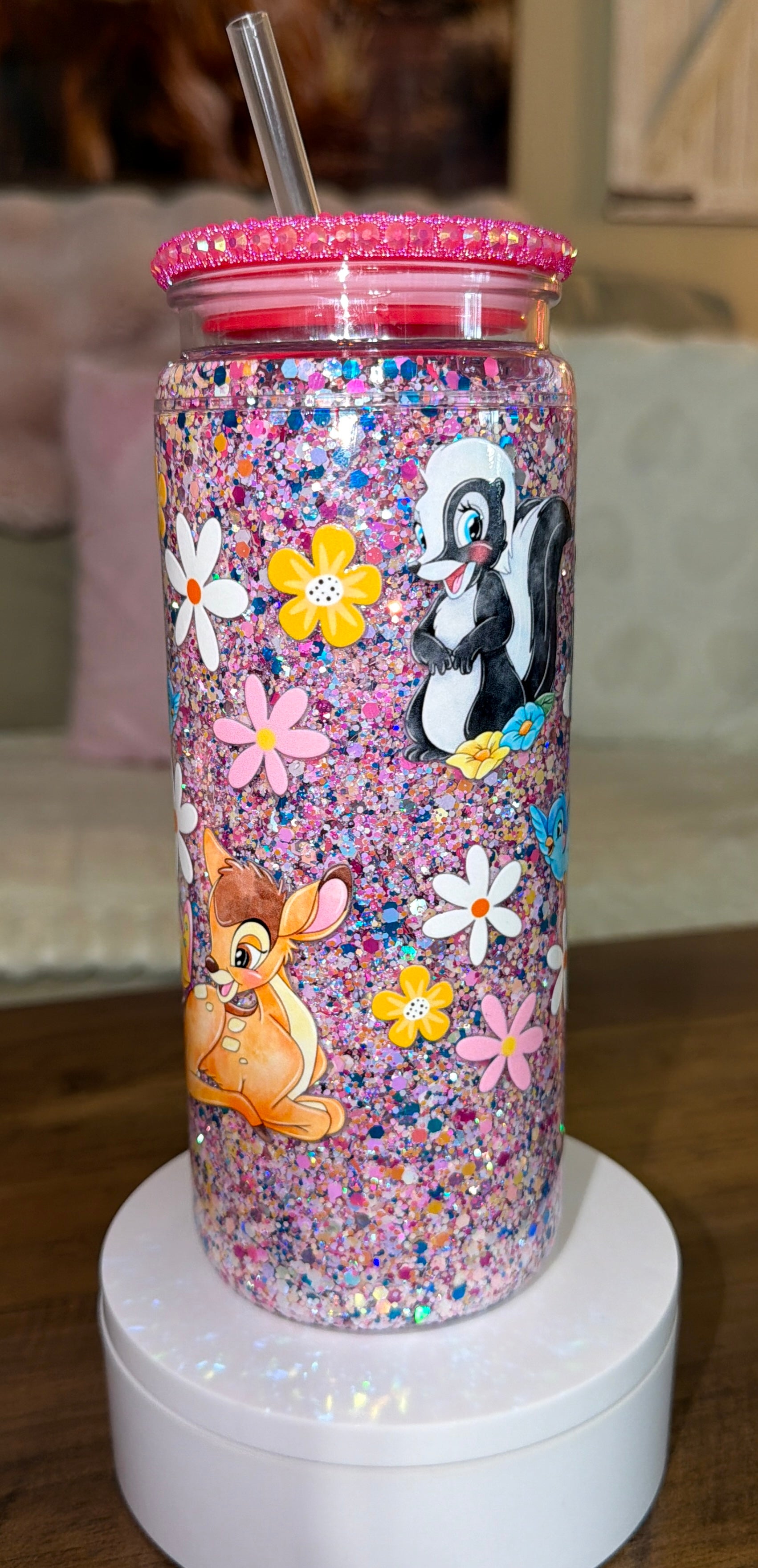 Woodland Character Inspired Pink Glitter Snowglobe cup