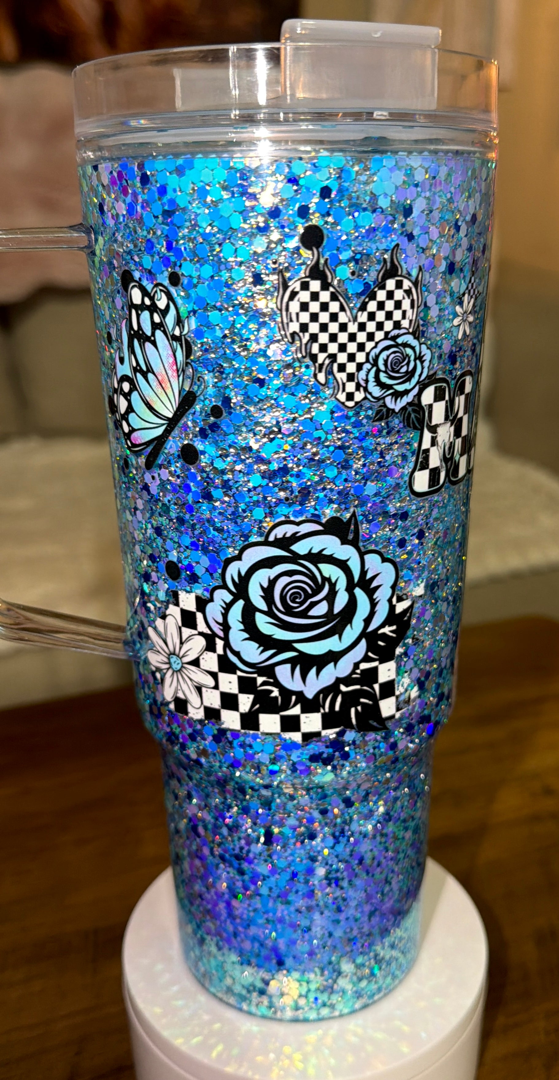 Blue Checkered Mama Snowglobe Tumbler
