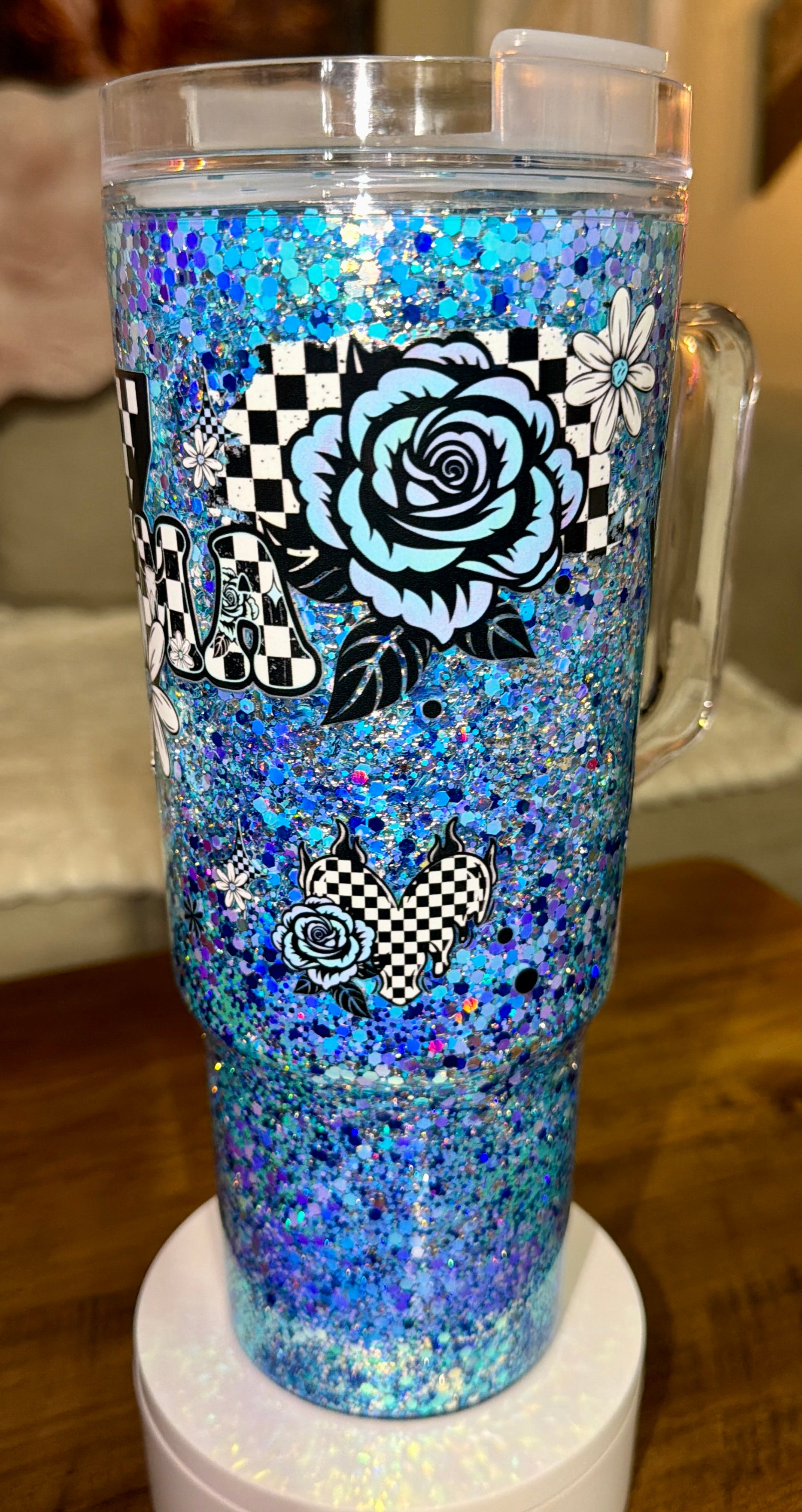 Blue Checkered Mama Snowglobe Tumbler