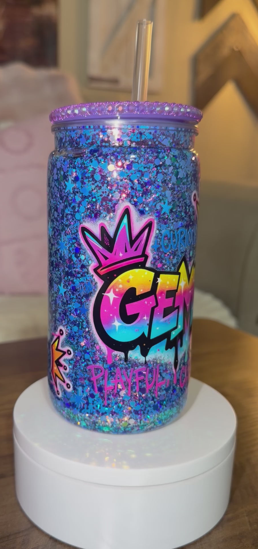 Gemini-Inspired Glitter Tumbler – Rainbow Drip Design with Bling Lid