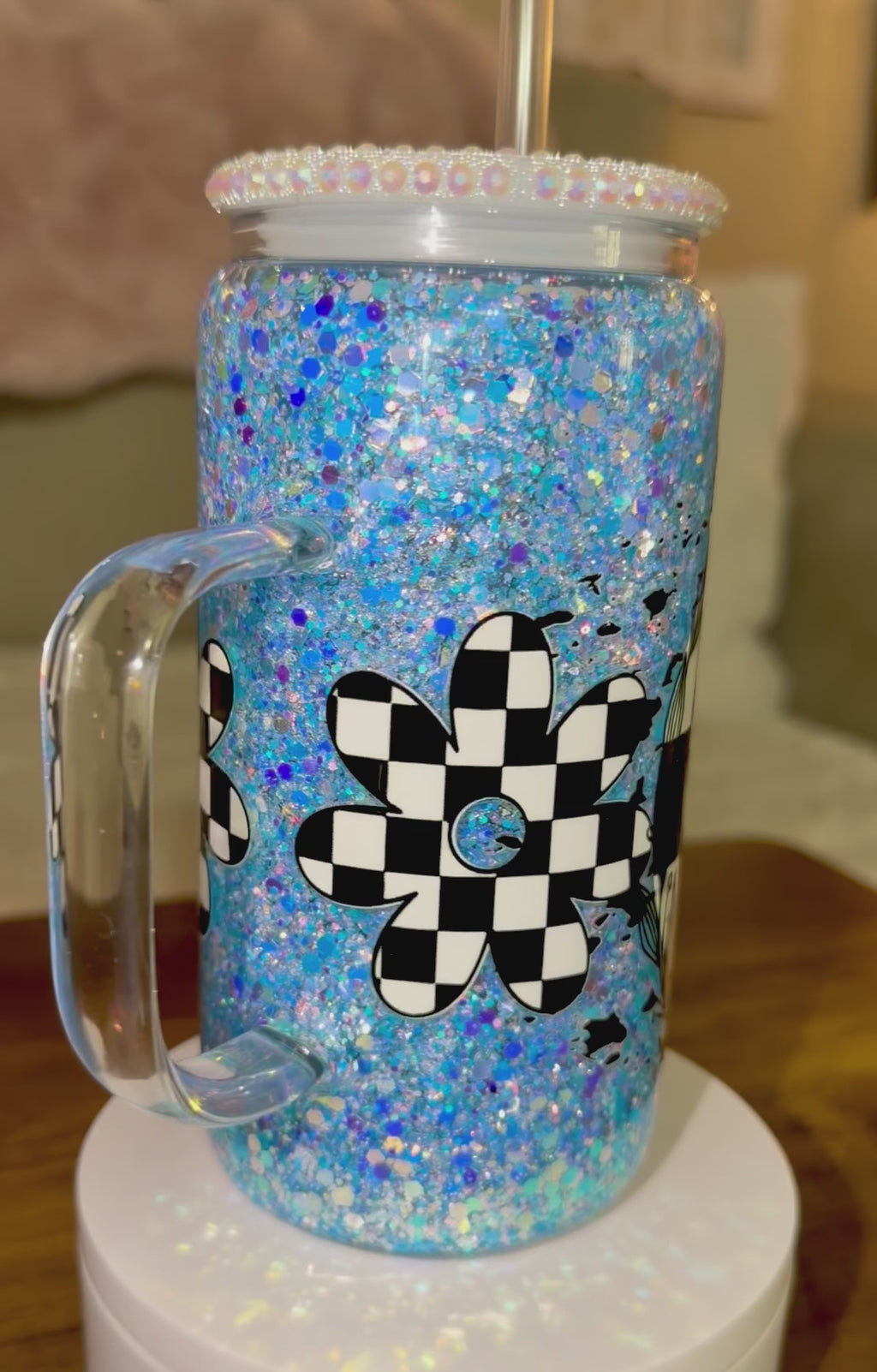Checkered Blue Donkey Snowglobe cup