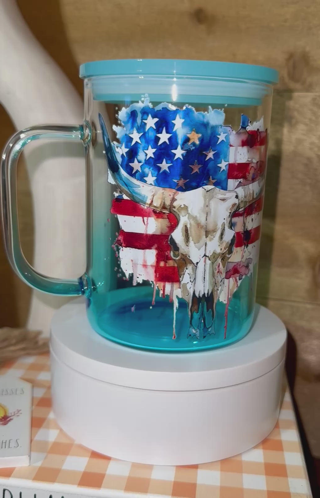 Patriotic Skull Glass Mug with Handle | American Flag Western Tumbler | Fourth of July Drinkware | Cowboy Cow Skull Cup | Gift for Him