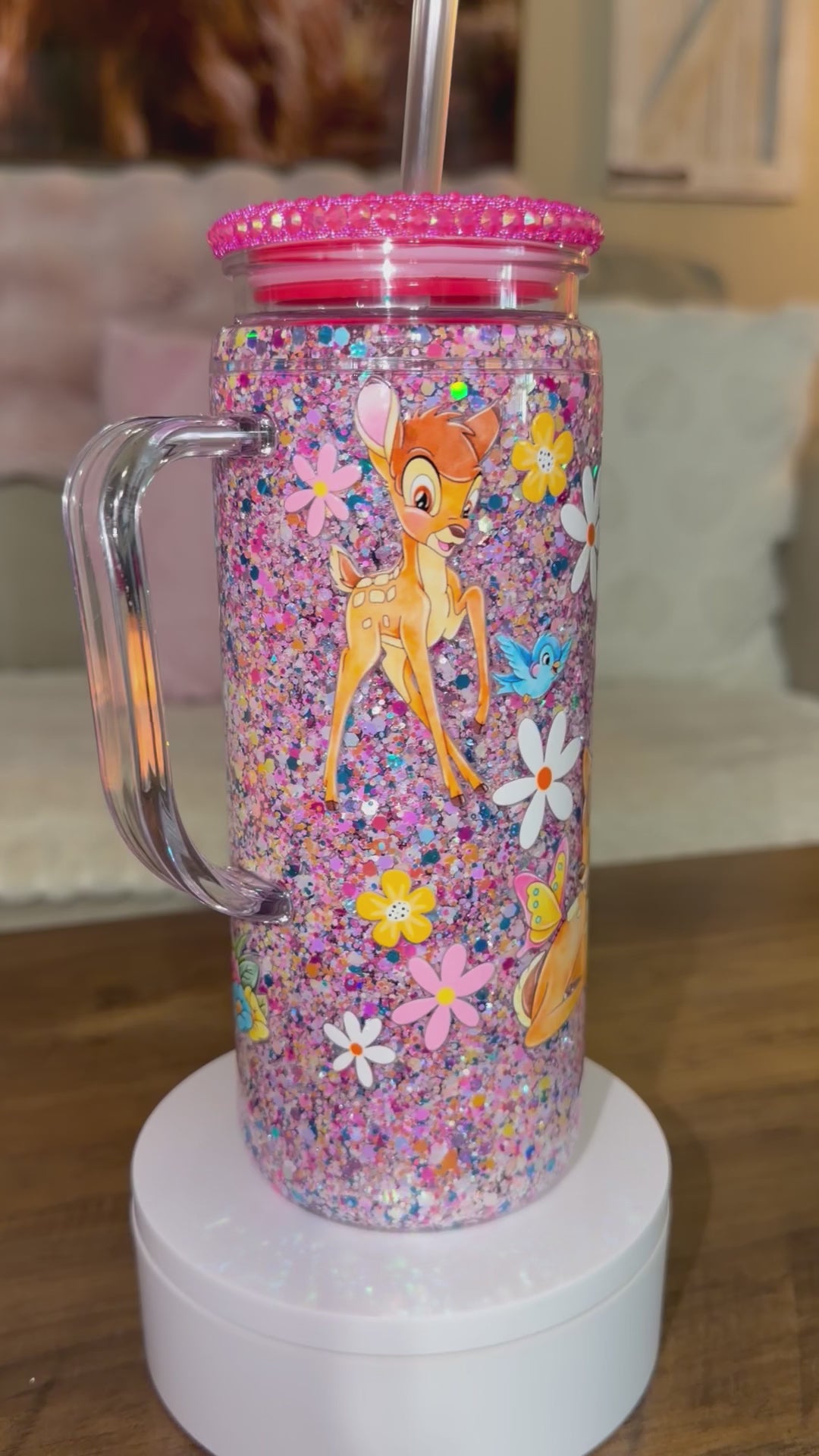 Woodland Character Inspired Pink Glitter Snowglobe cup