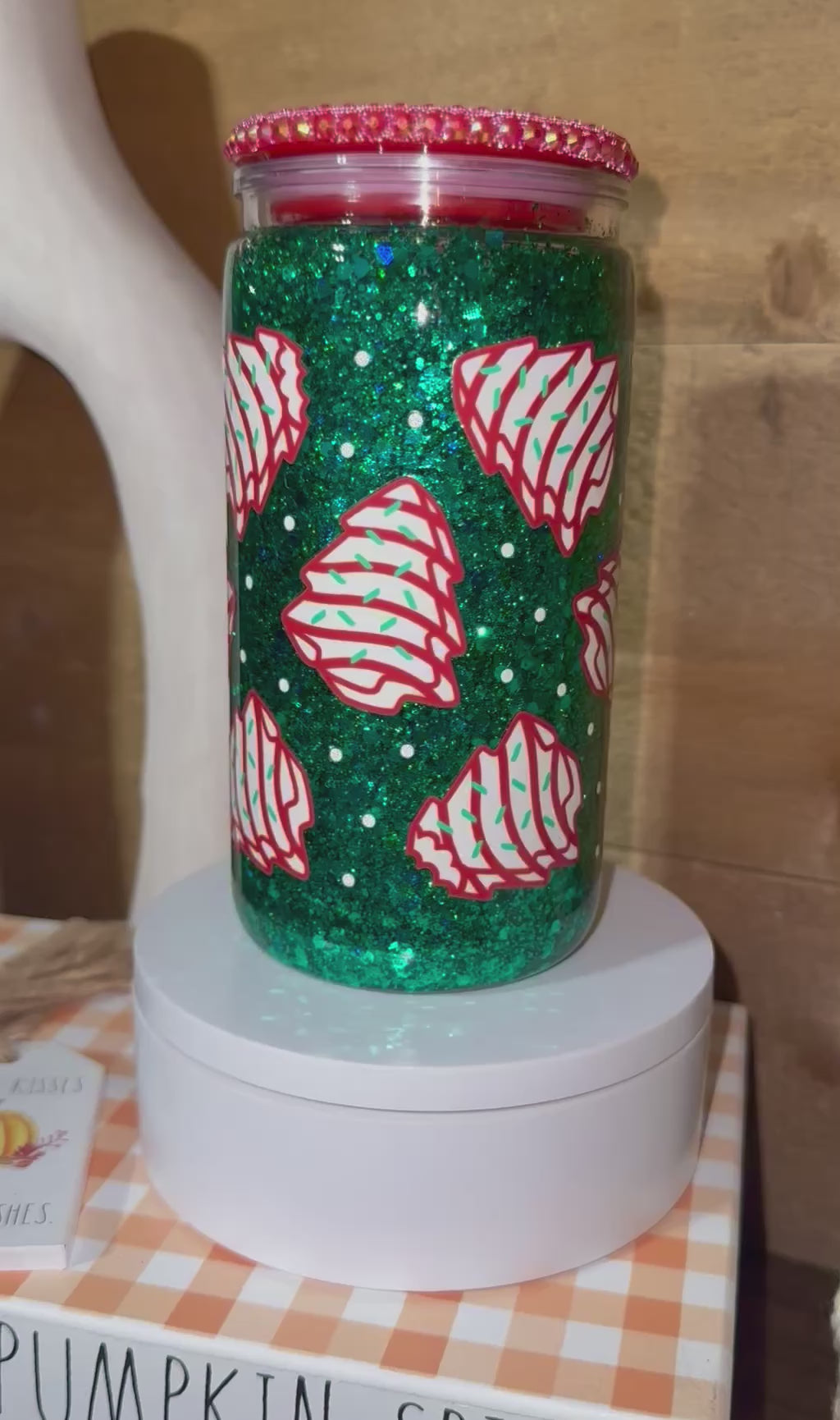 Holiday Cookie Tree Snow Globe Tumbler • Green Glitter Christmas Cup