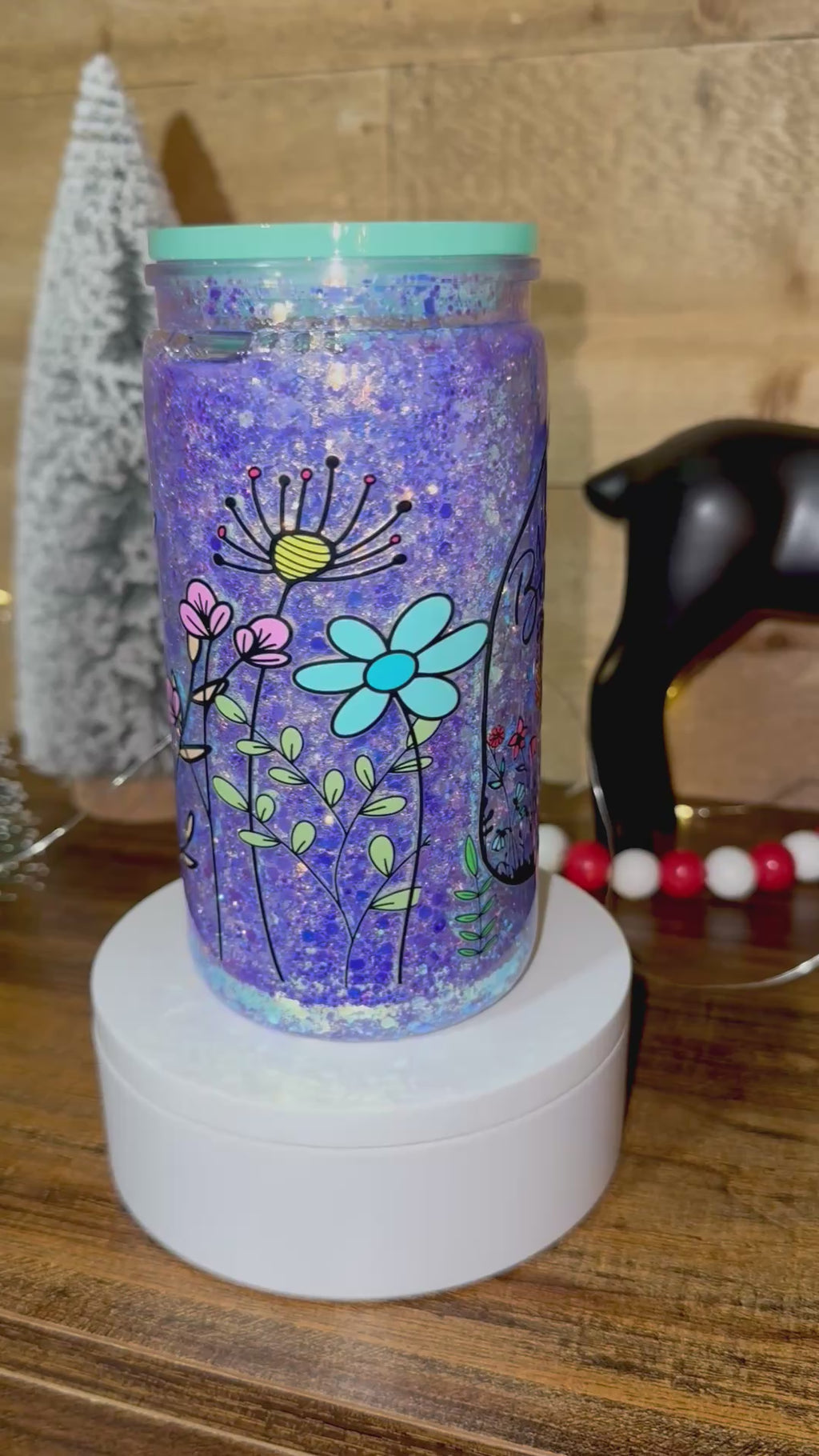 Mama Bear Snowglobe Cup – 16oz Purple Glitter Tumbler | Floral Mom & Baby Bear