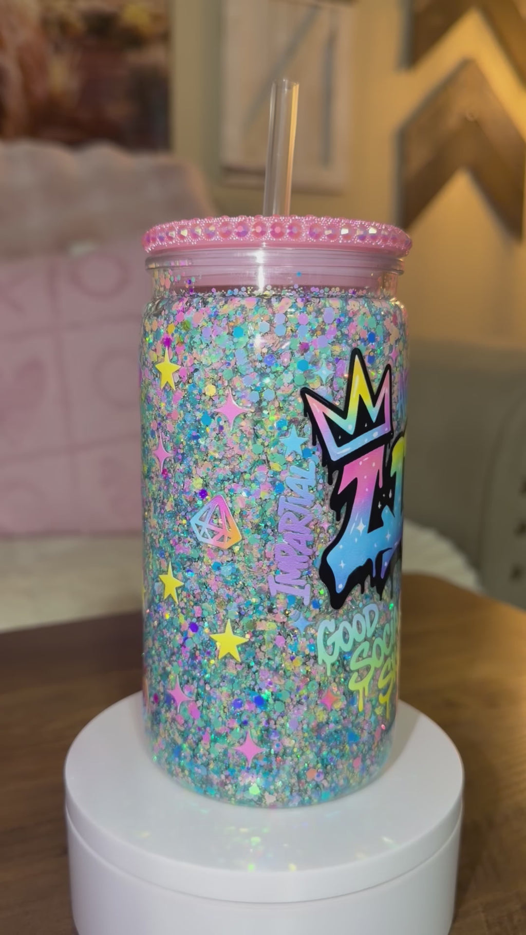 Libra-Inspired Glitter Tumbler – Pastel Rainbow Drip with Bling Lid