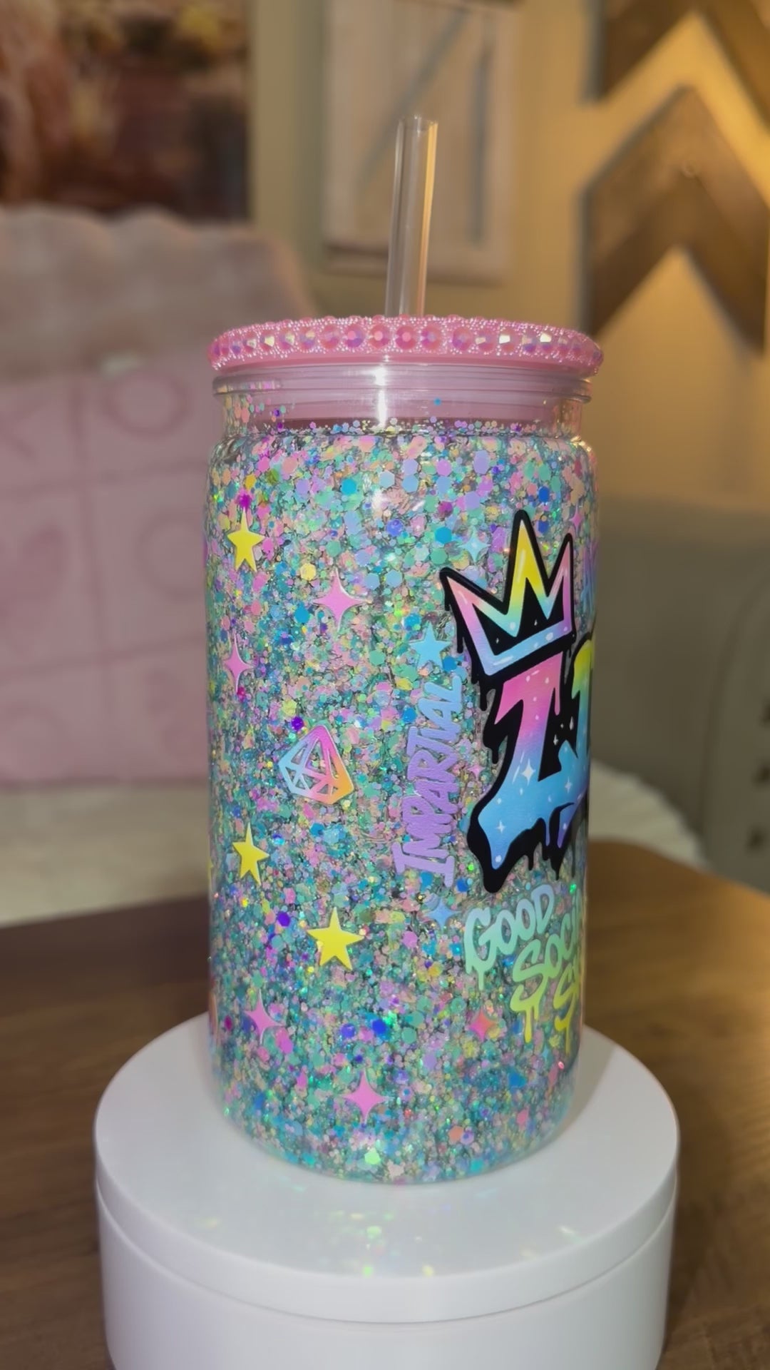 Libra-Inspired Glitter Tumbler – Pastel Rainbow Drip with Bling Lid