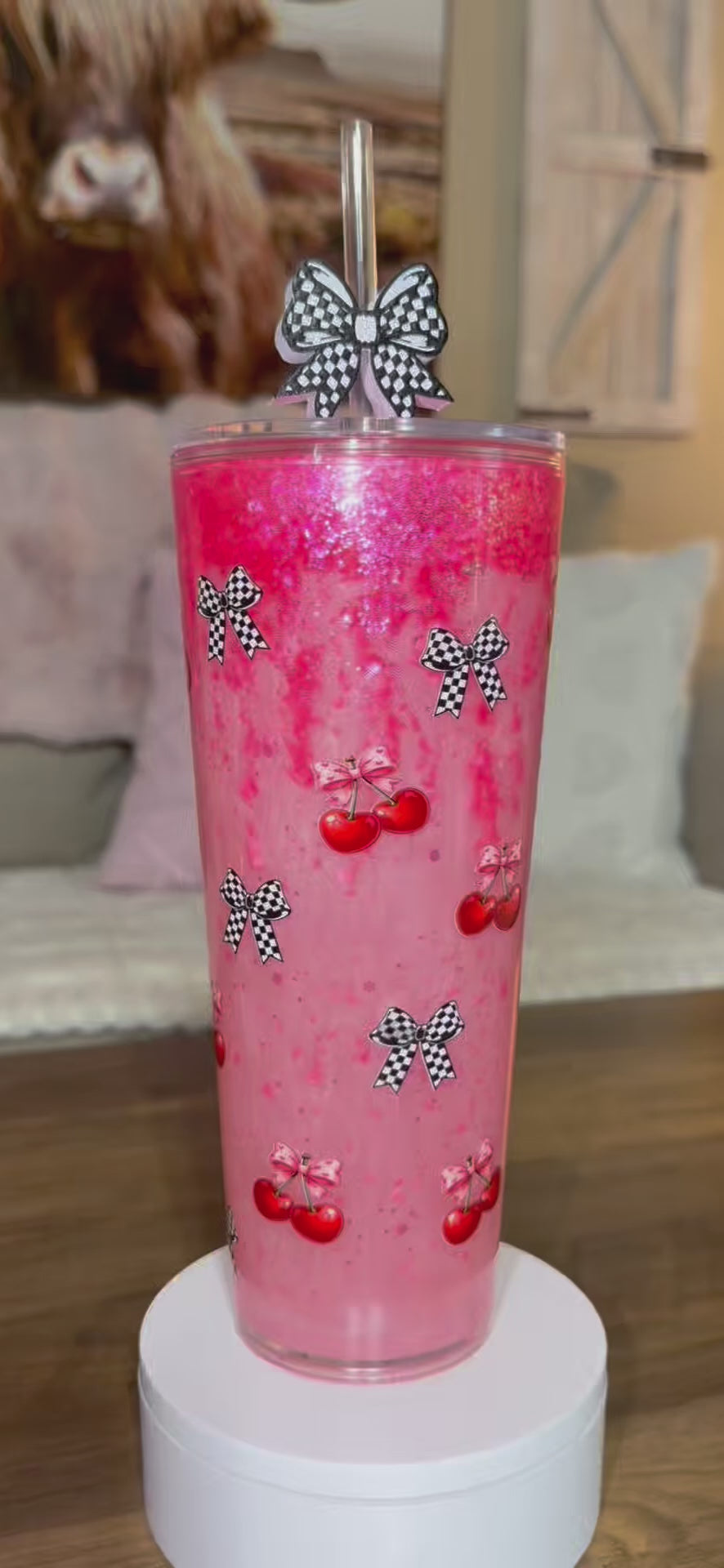 Cherry Bow Waterfall Glitter Tumbler 🍒✨