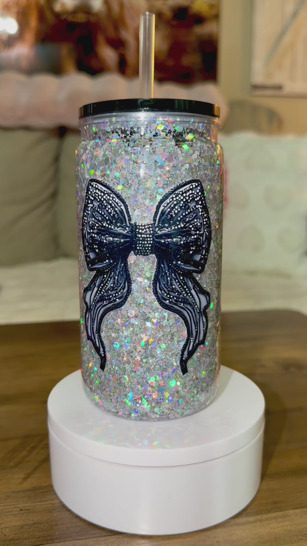 Black Bow Glitter Snow Globe Tumbler – 16oz Acrylic Cup with Lid & Straw