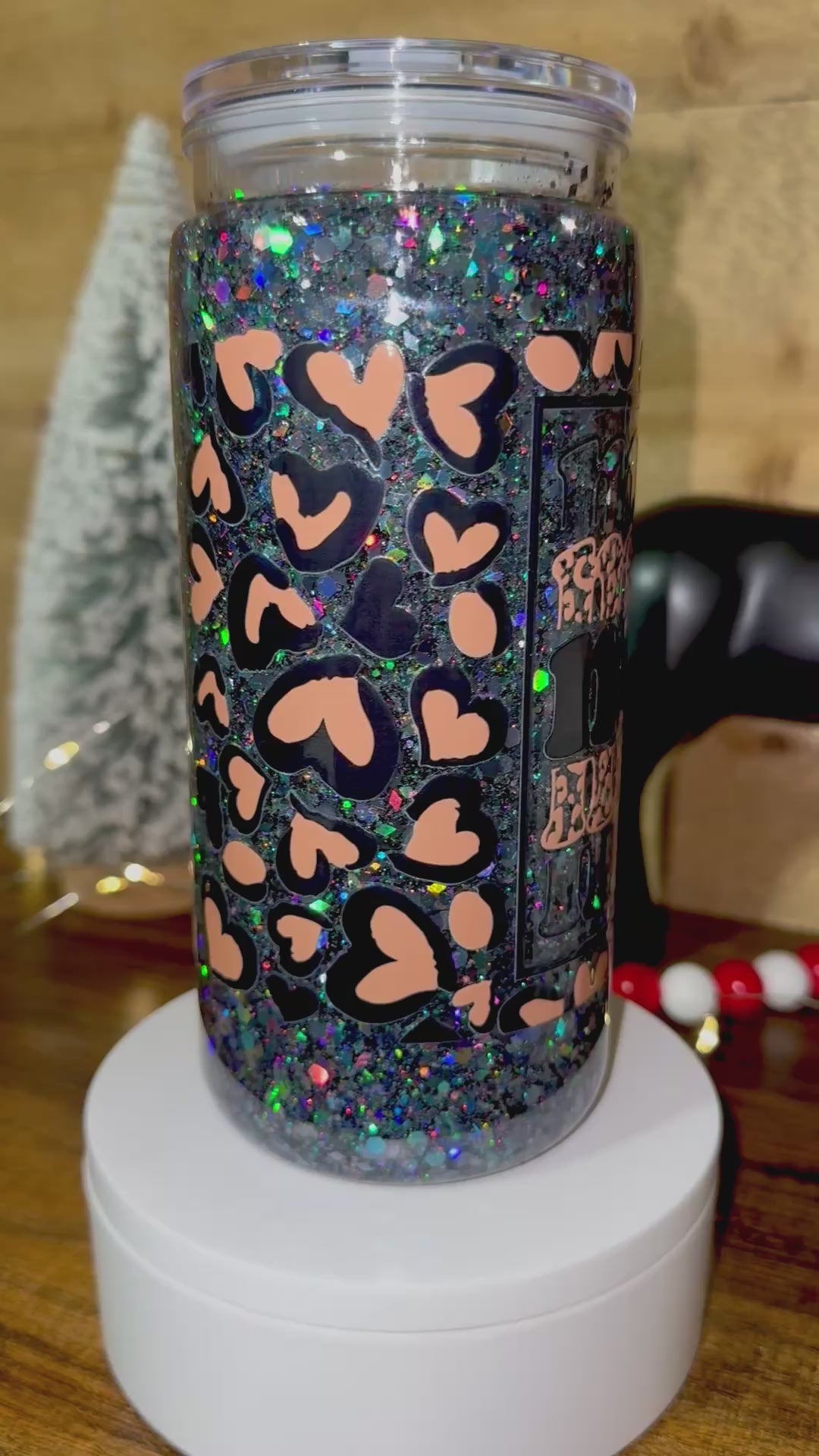 Black Glitter “Mama” Snowglobe Cup – 20oz Holographic Leopard Heart Tumbler