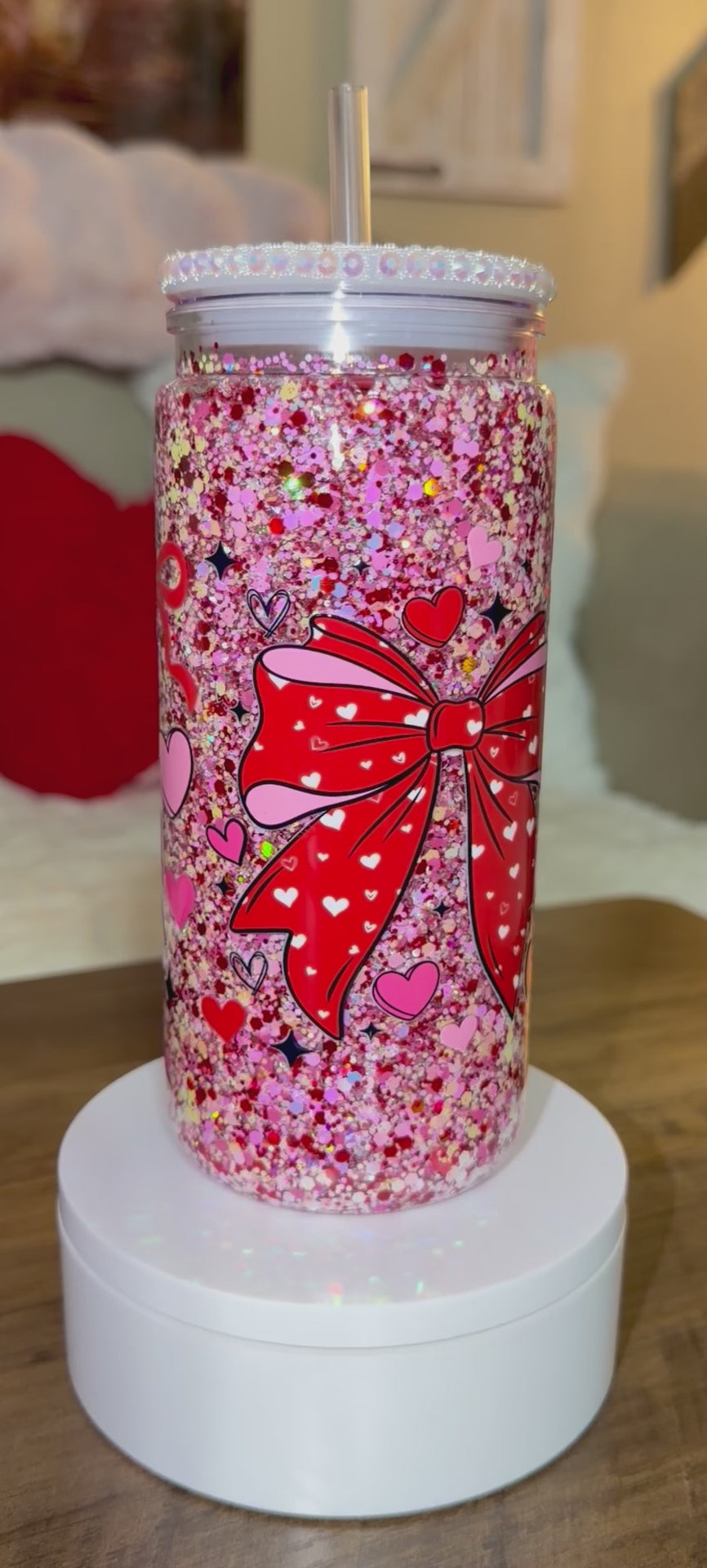 Sweetheart Bow Glitter Snowglobe Tumbler