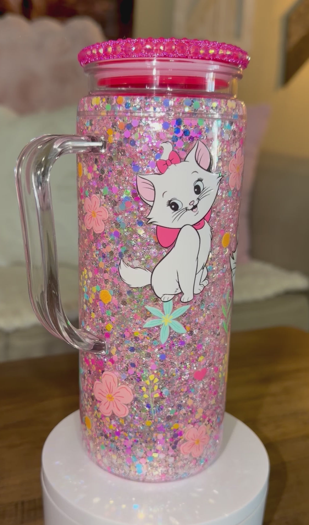 Pink Sparkly White Kitten Snowglobe Cup